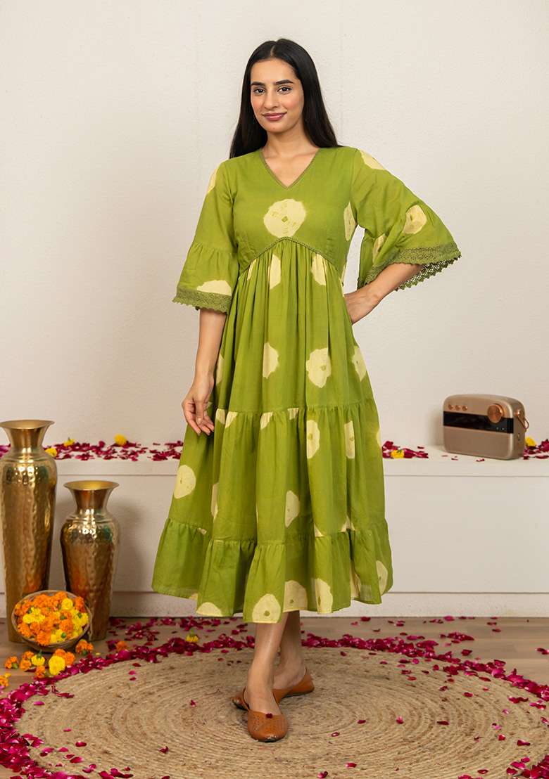 Green Tie And Dye Cotton Kurta - Indya