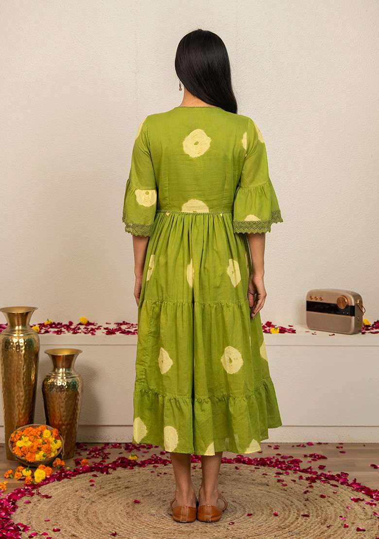Green Tie And Dye Cotton Kurta - Indya