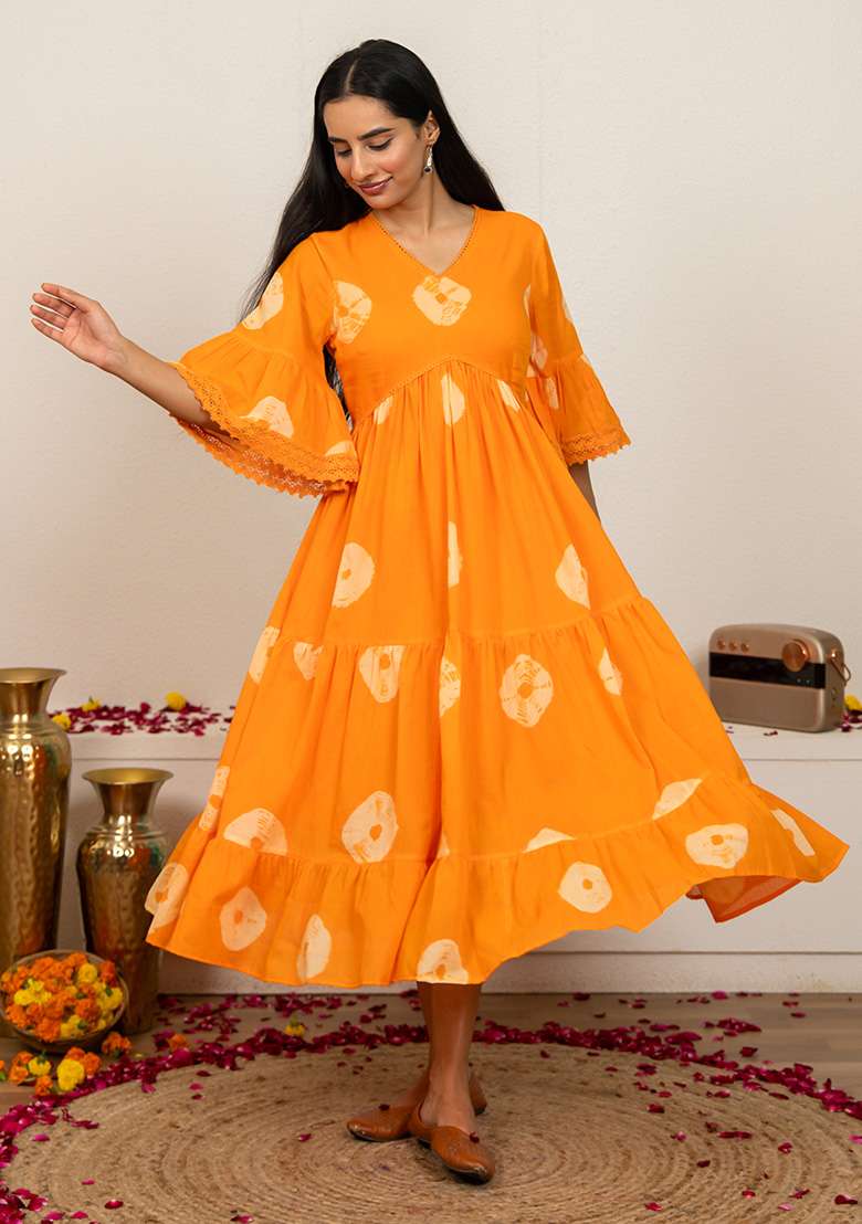 Orange Tie And Dye Cotton Kurta - Indya