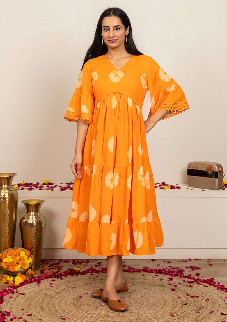 Orange Tie And Dye Cotton Kurta - Indya