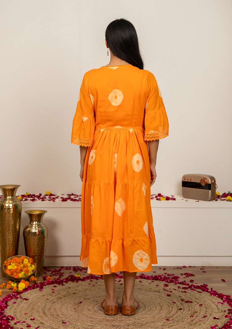 Orange Tie And Dye Cotton Kurta - Indya