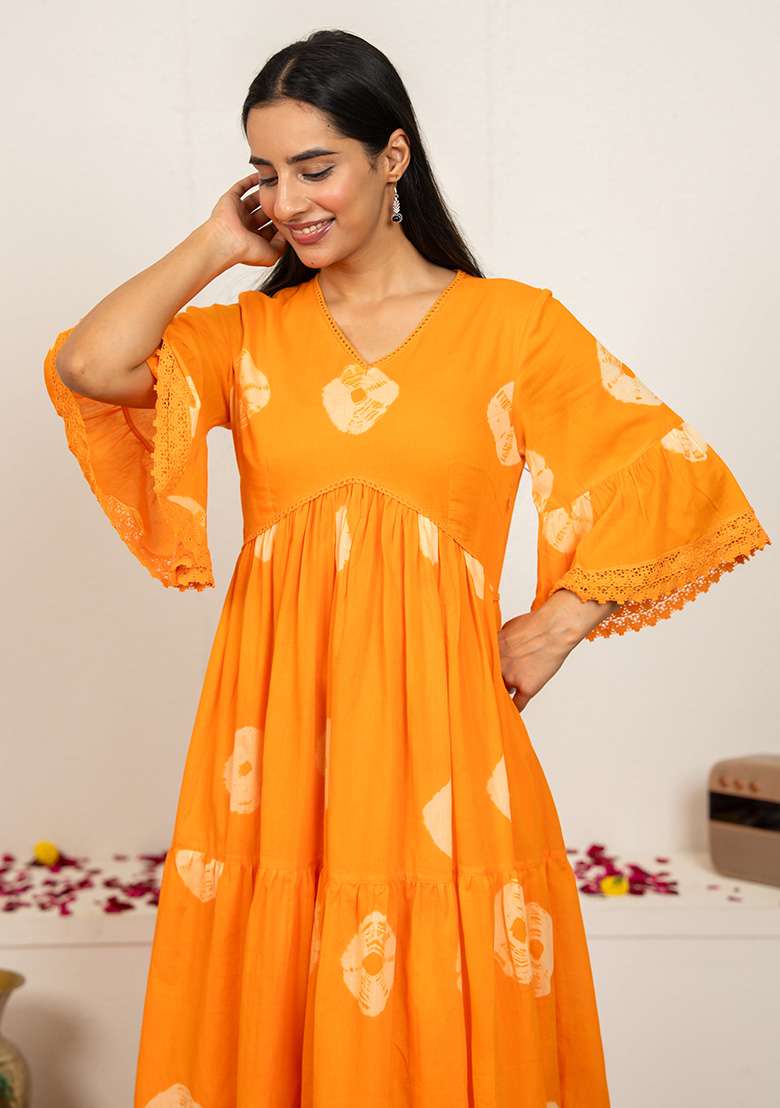 Orange Tie And Dye Cotton Kurta - Indya