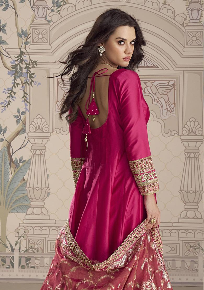 Pink Sequence Work Vichitra Gown Set - Indya
