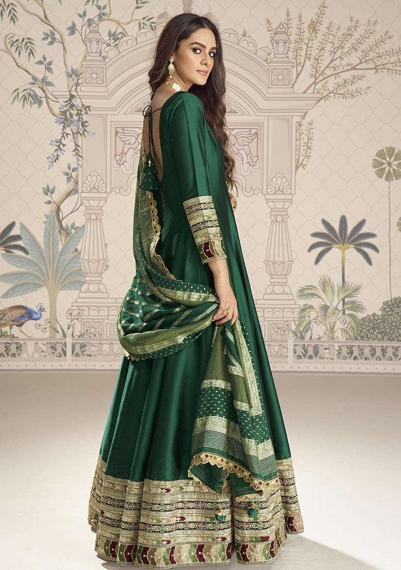Green Sequence Work Vichitra Gown Set - Indya