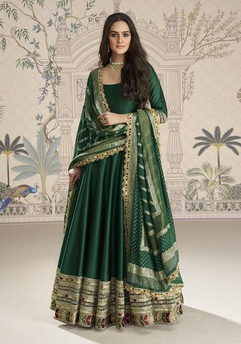 Green Sequence Work Vichitra Gown Set