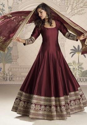 Maroon Sequence Work Vichitra Gown Set