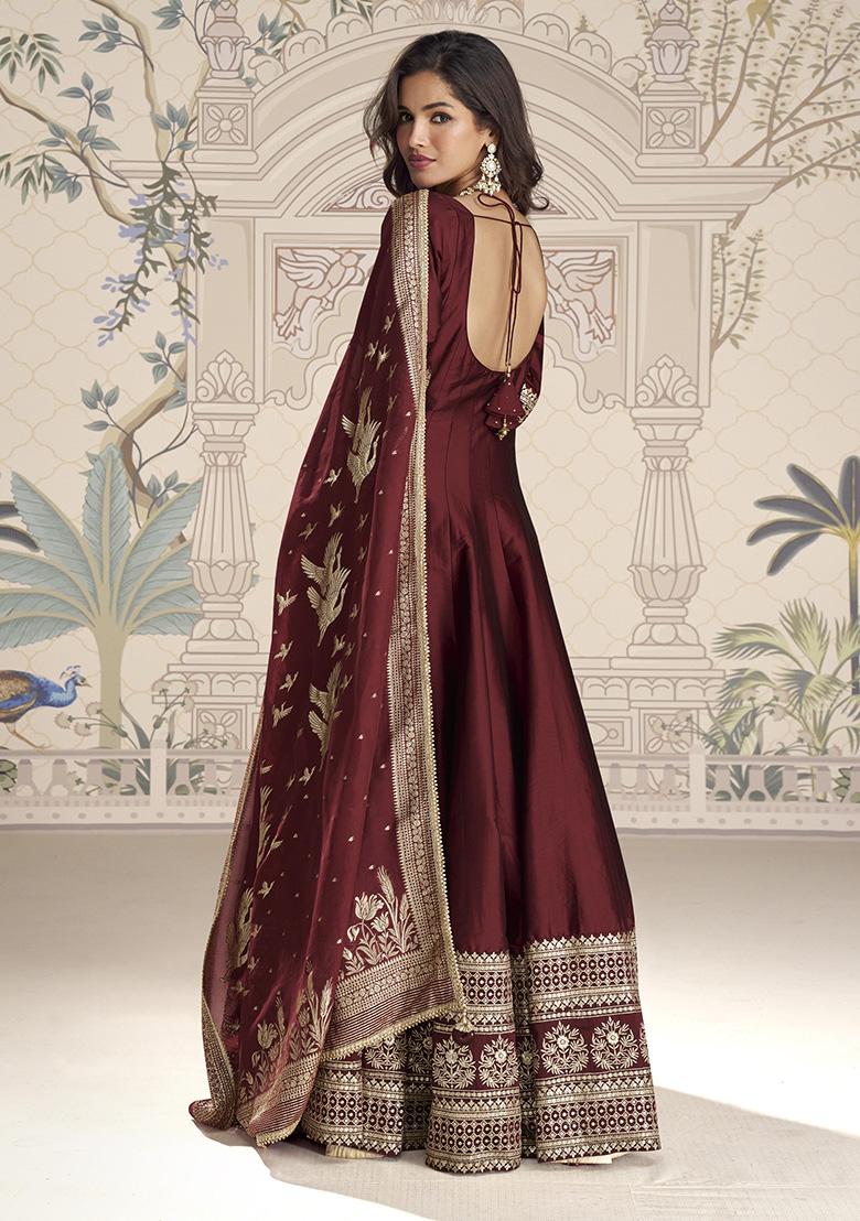 Maroon Sequence Work Vichitra Gown Set - Indya