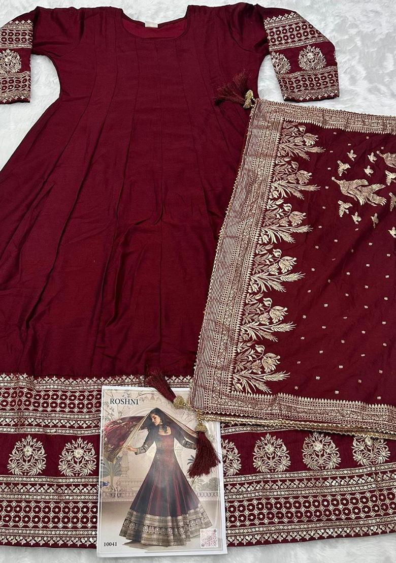 Maroon Sequence Work Vichitra Gown Set - Indya