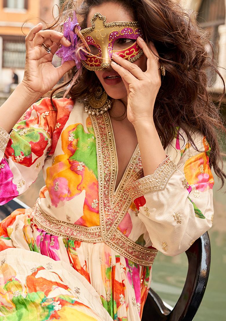 White Printed Chinon Gown Set - Indya