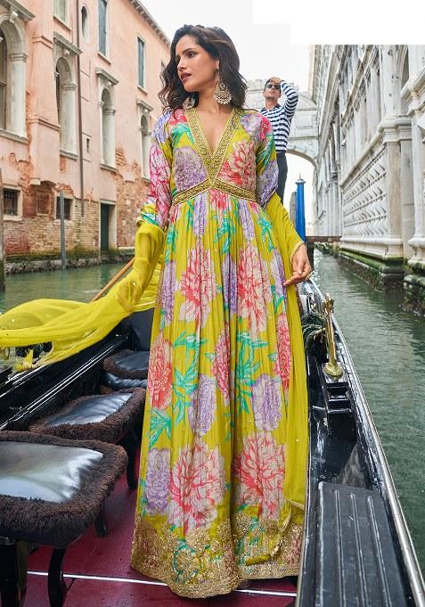 Green Printed Chinon Gown Set