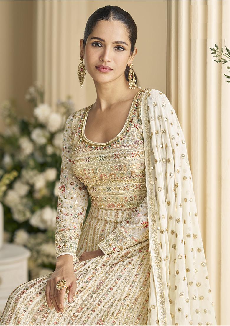 White Sequence Work Georgette Gown Set - Indya