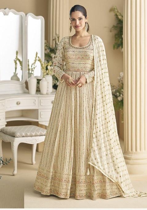 White Sequence Work Georgette Gown Set