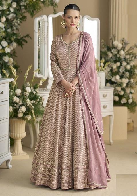 Onion Pink Sequence Work Georgette Gown Set