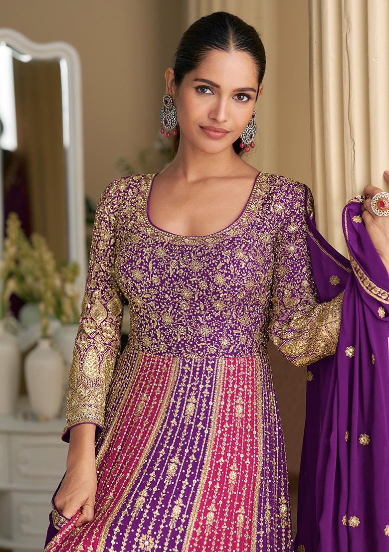 Purple Sequence Work Georgette Gown Set - Indya