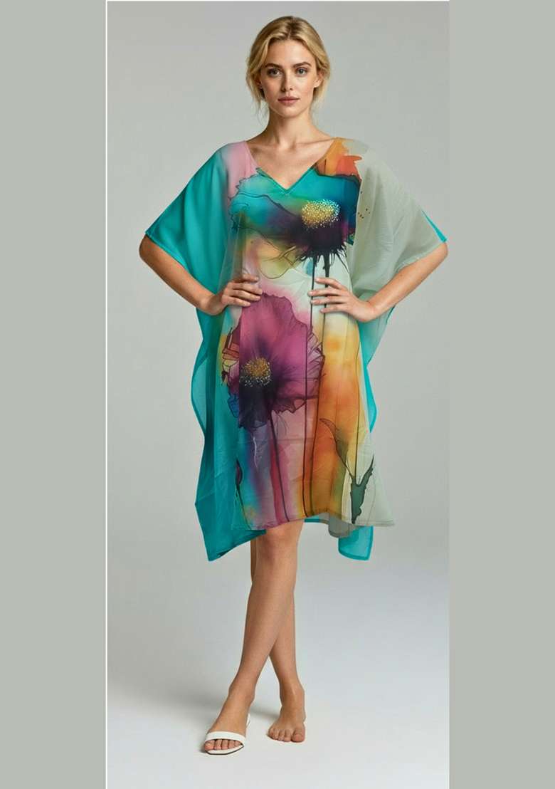 Multicolor Floral Print Cotton Kaftan - Indya