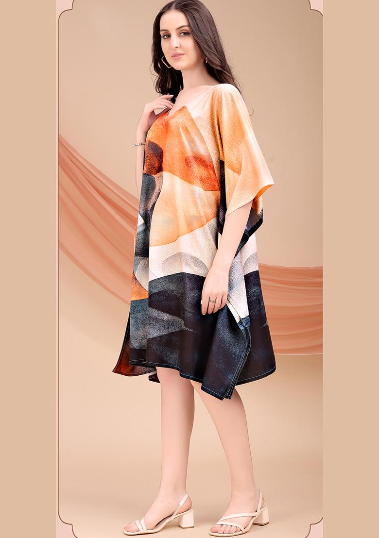 Multicolor Printed Polyester Crepe Kaftan - Indya