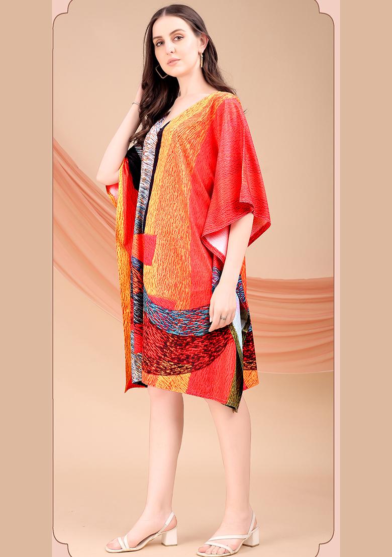 Multicolor Printed Polyester Crepe Kaftan - Indya