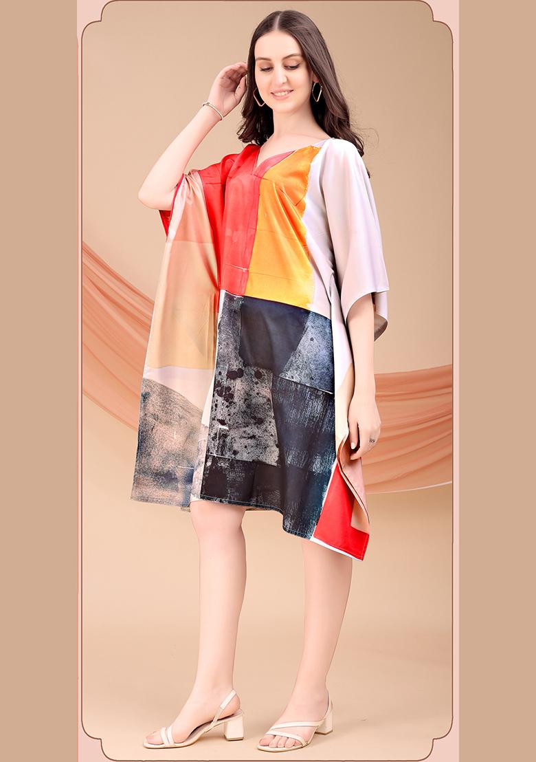 Multicolor Printed Polyester Crepe Kaftan - Indya