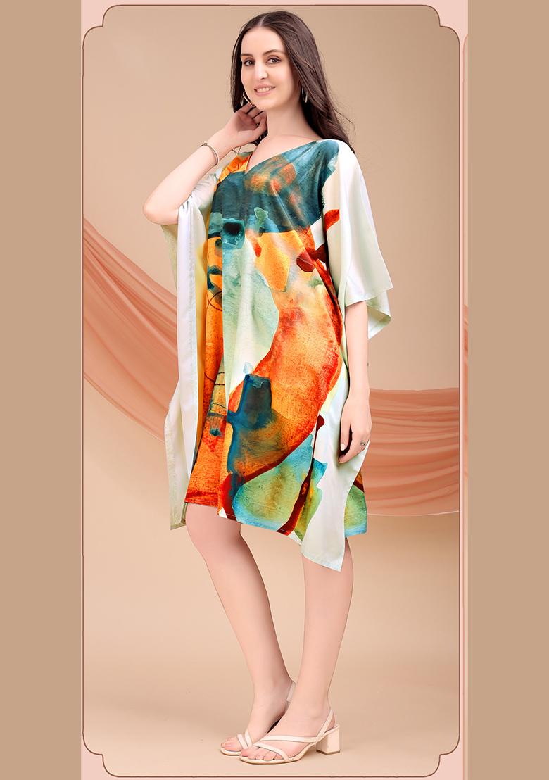 Multicolor Printed Polyester Crepe Kaftan - Indya