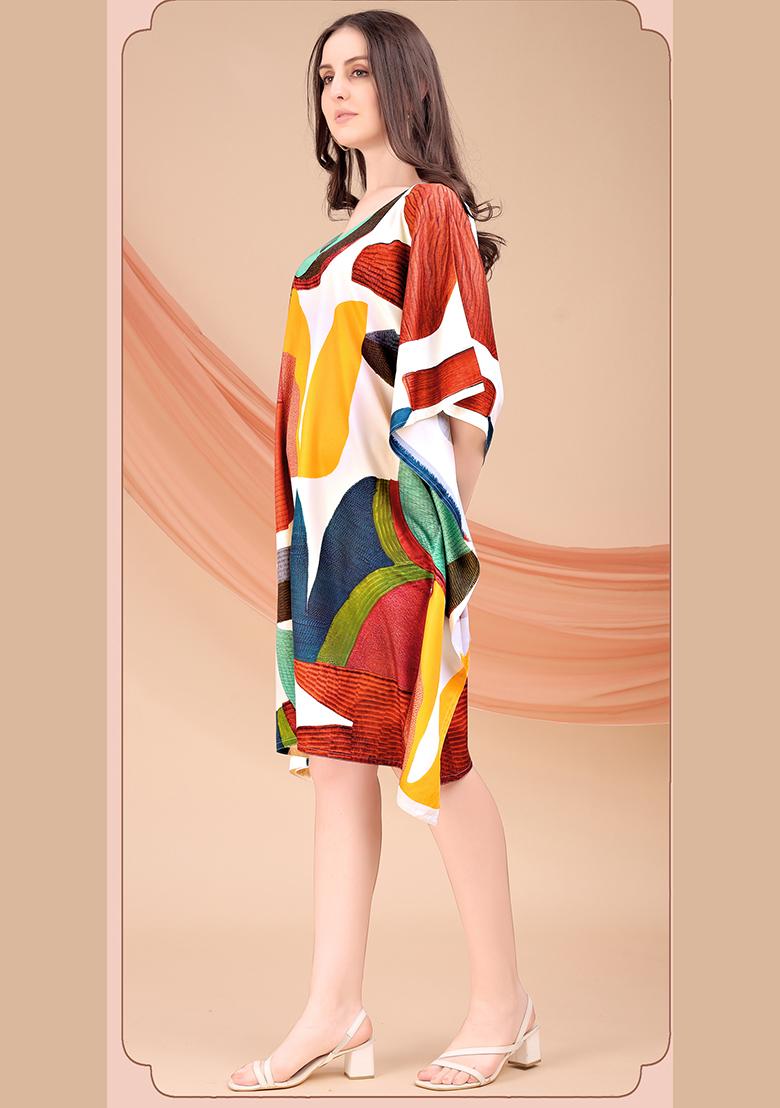 Multicolor Printed Polyester Crepe Kaftan - Indya
