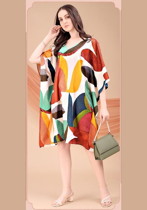 Multicolor Printed Polyester Crepe Kaftan