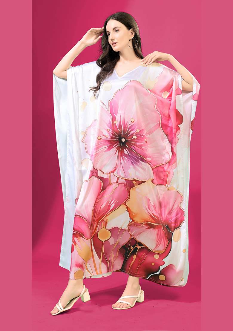 Multicolor Floral Print Satin Kaftan - Indya
