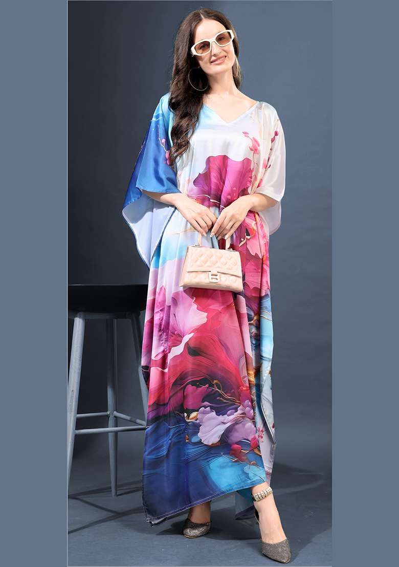 Multicolor Tie And Dye Satin Kaftan - Indya