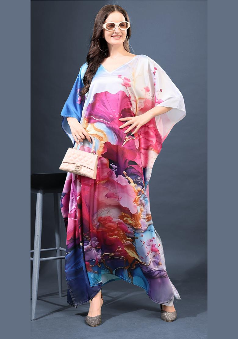Multicolor Printed Satin Kaftan - Indya