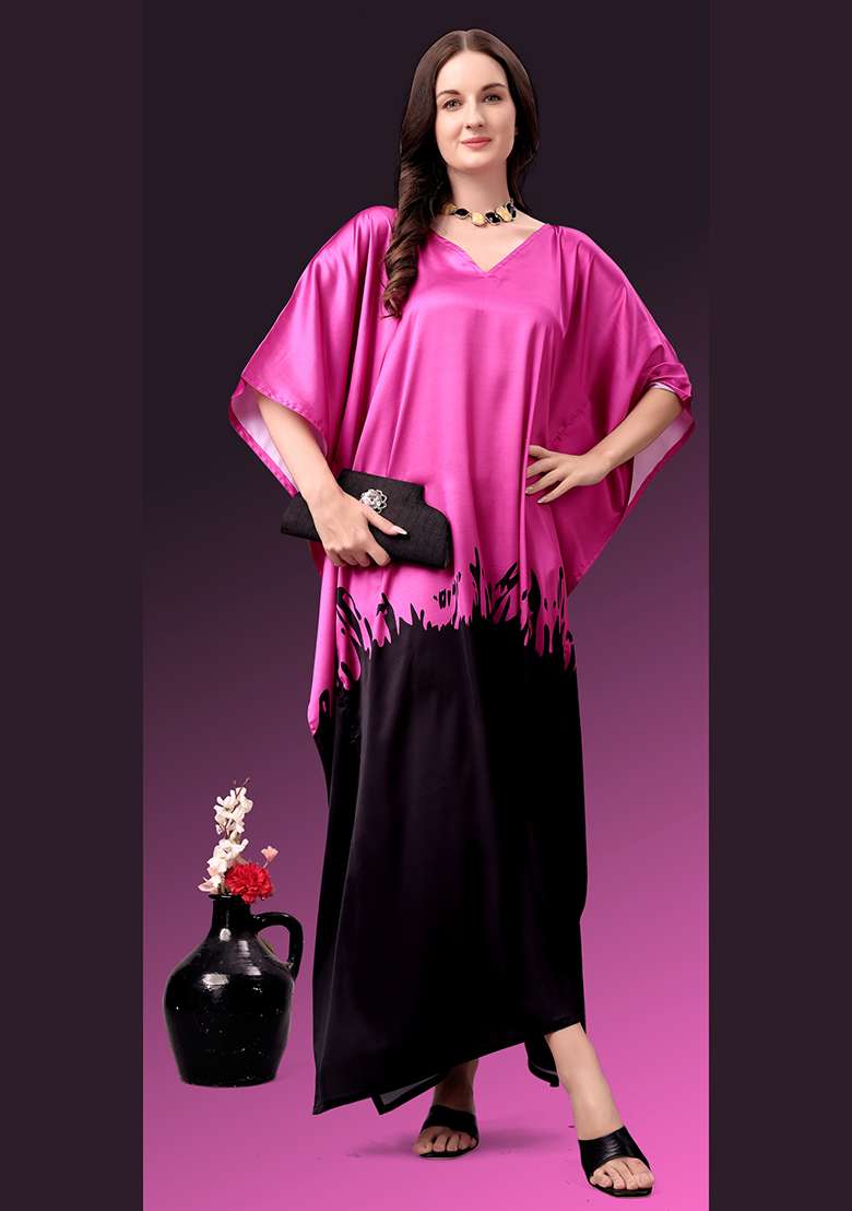 Multicolor Solid Satin Kaftan - Indya