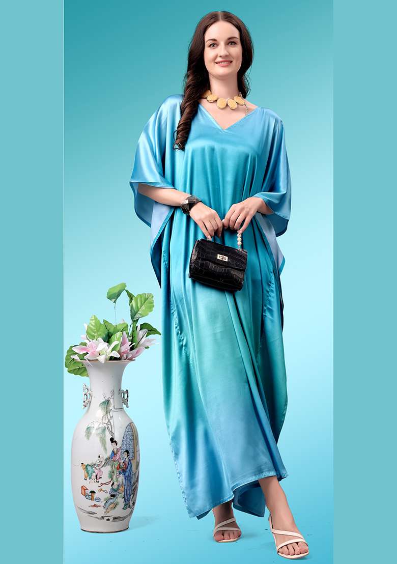 Multicolor Solid Satin Kaftan - Indya