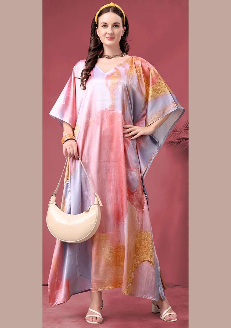 Multicolor Tie And Dye Satin Kaftan - Indya