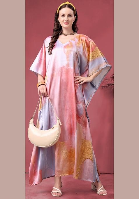 Multicolor Printed Satin Kaftan
