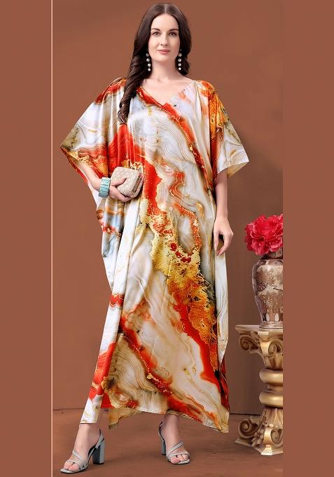 Multicolor Printed Satin Kaftan