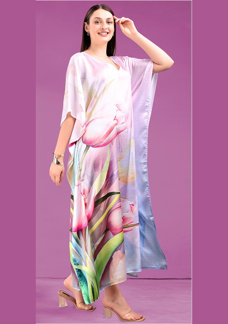 Multicolor Printed Satin Kaftan - Indya