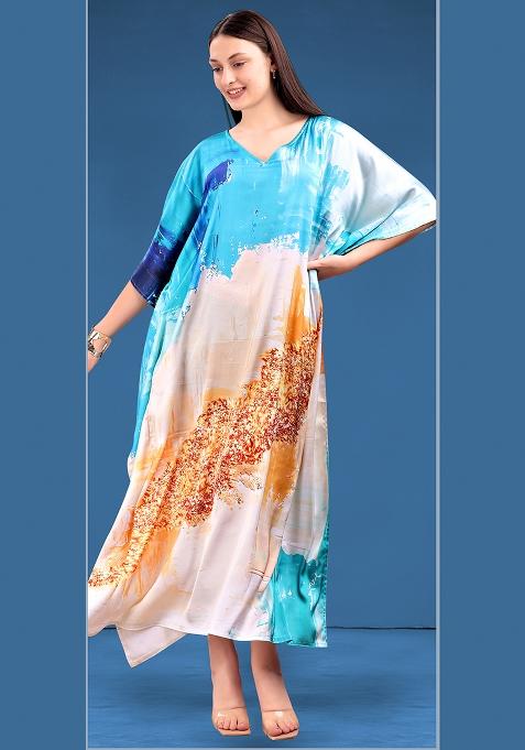 Multicolor Printed Satin Kaftan