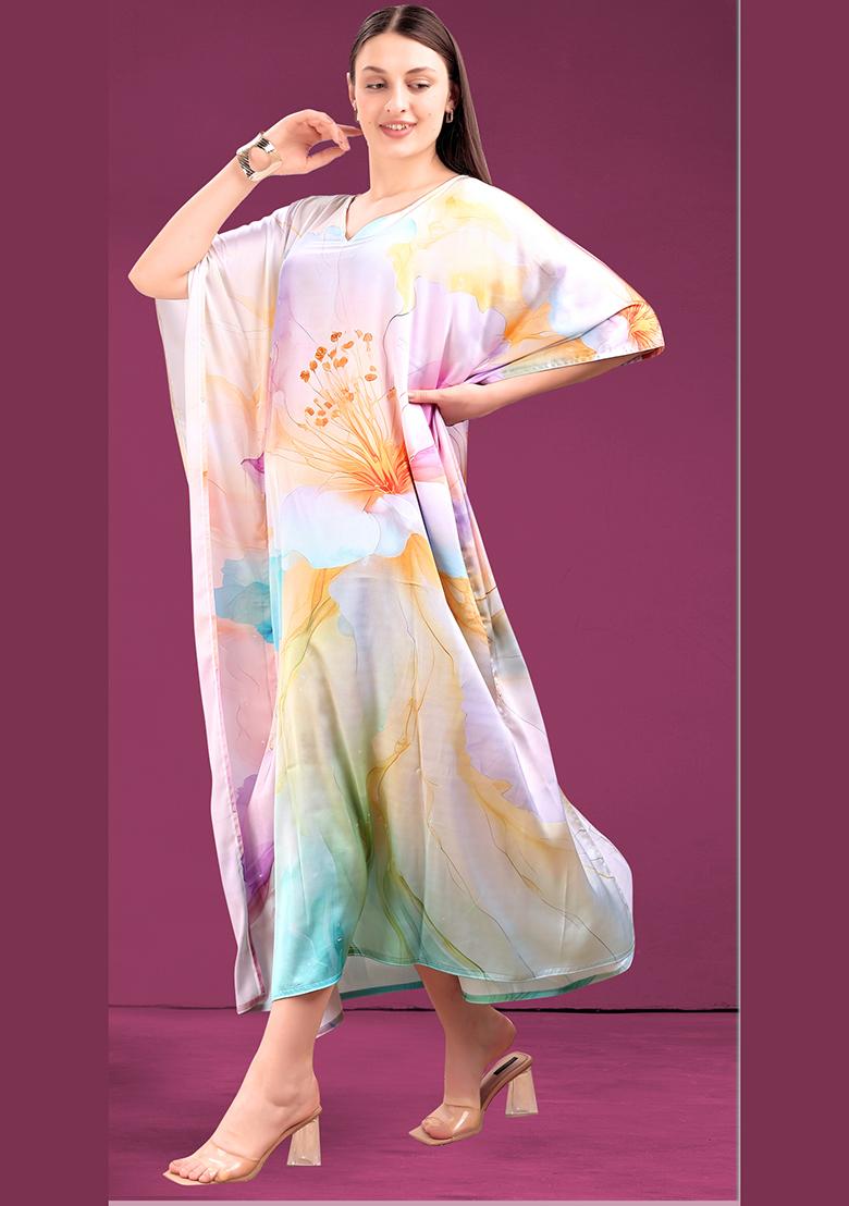Multicolor Printed Satin Kaftan - Indya