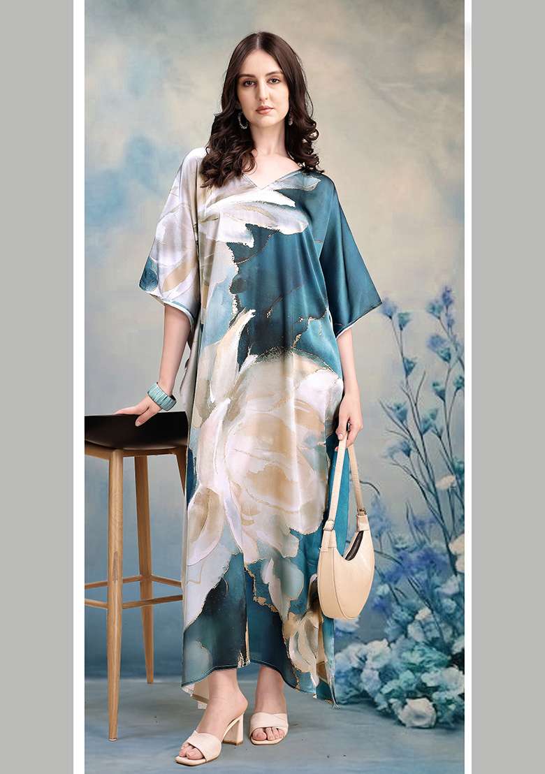Multicolor Printed Satin Kaftan - Indya