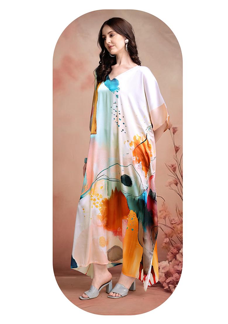 Multicolor Printed Satin Kaftan - Indya