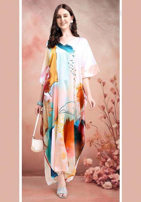 Multicolor Printed Satin Kaftan