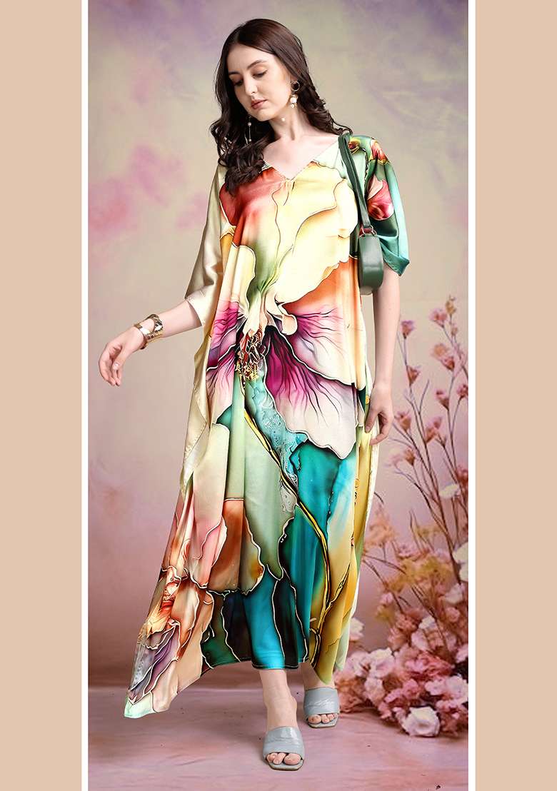 Multicolor Floral Print Satin Kaftan - Indya
