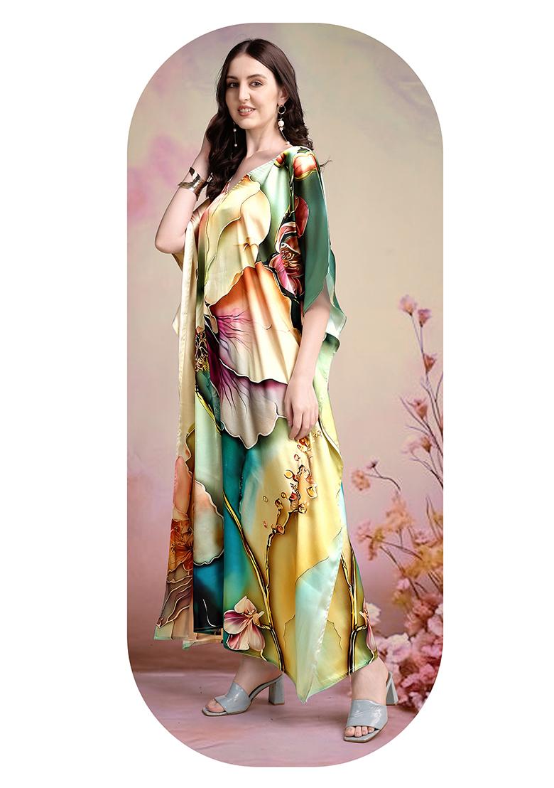 Multicolor Printed Satin Kaftan - Indya
