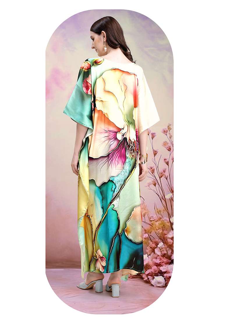Multicolor Floral Print Satin Kaftan - Indya