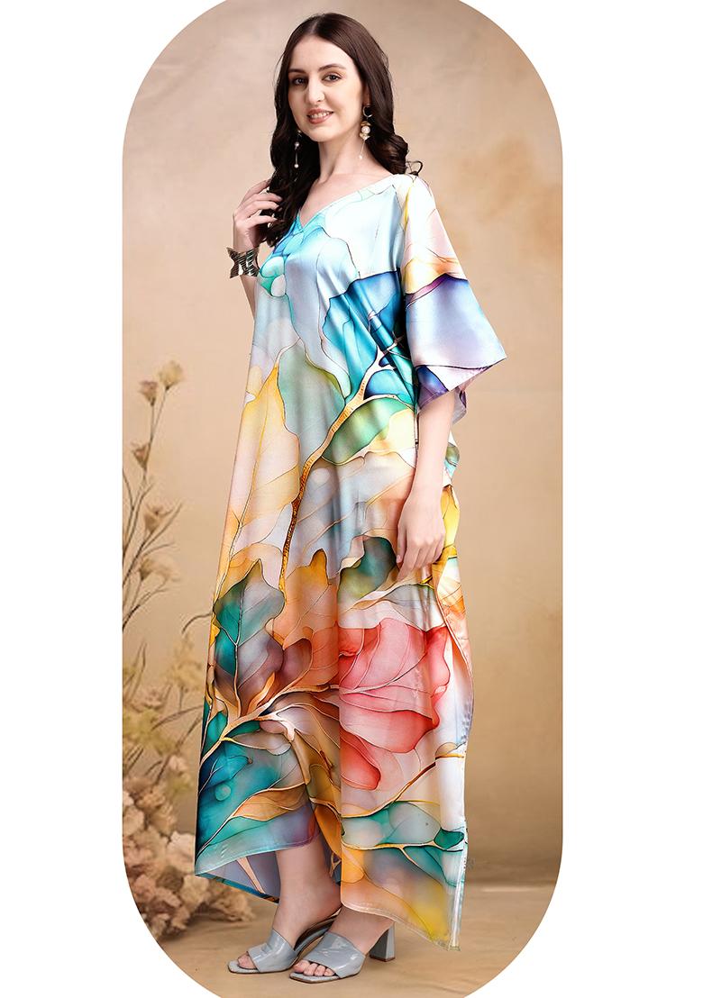 Multicolor Printed Satin Kaftan - Indya
