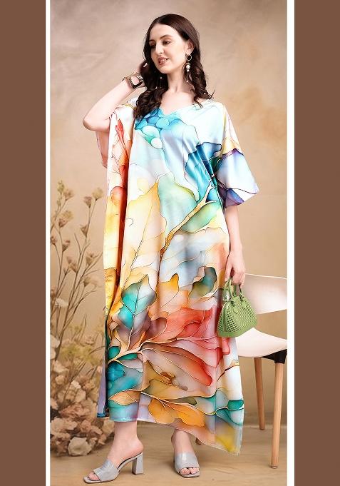 Multicolor Printed Satin Kaftan