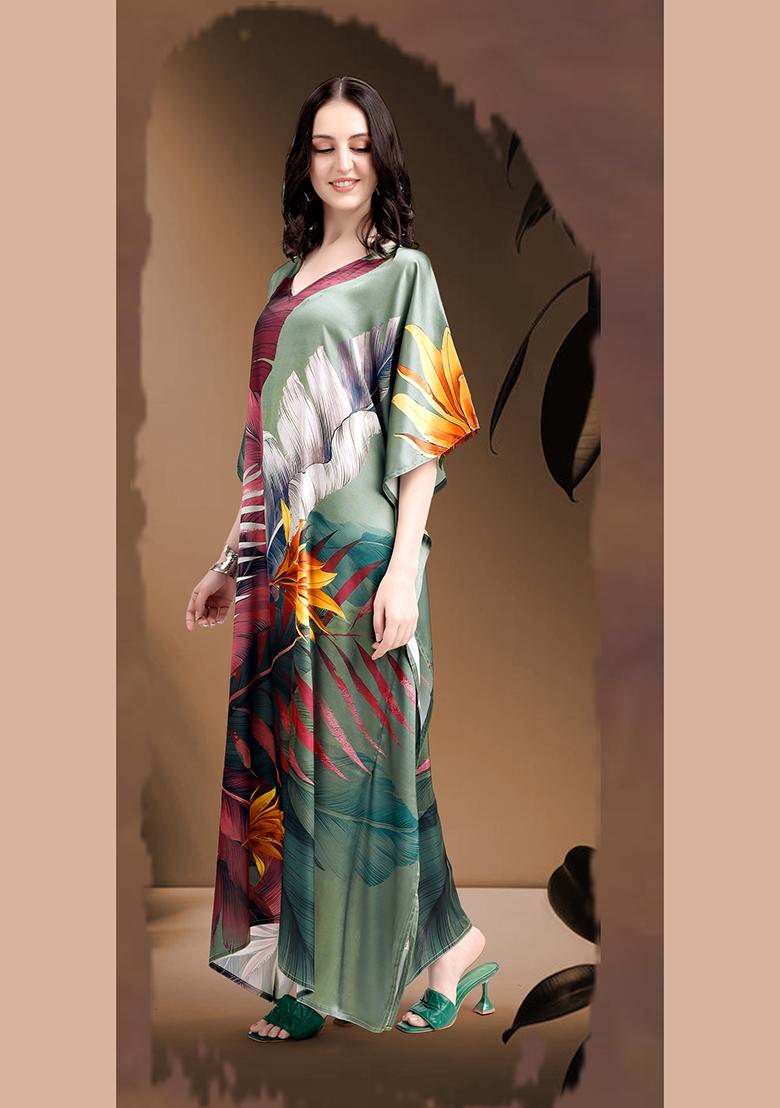 Multicolor Printed Satin Kaftan - Indya