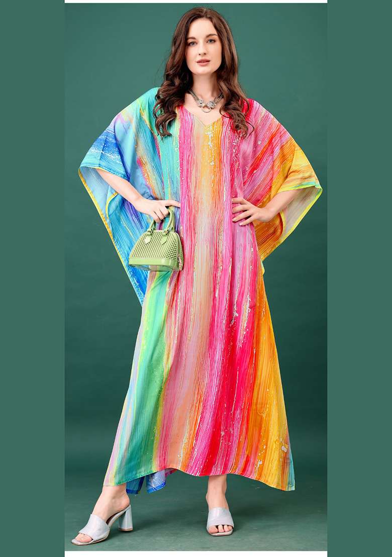 Multicolor Tie And Dye Silk Blend Kaftan - Indya