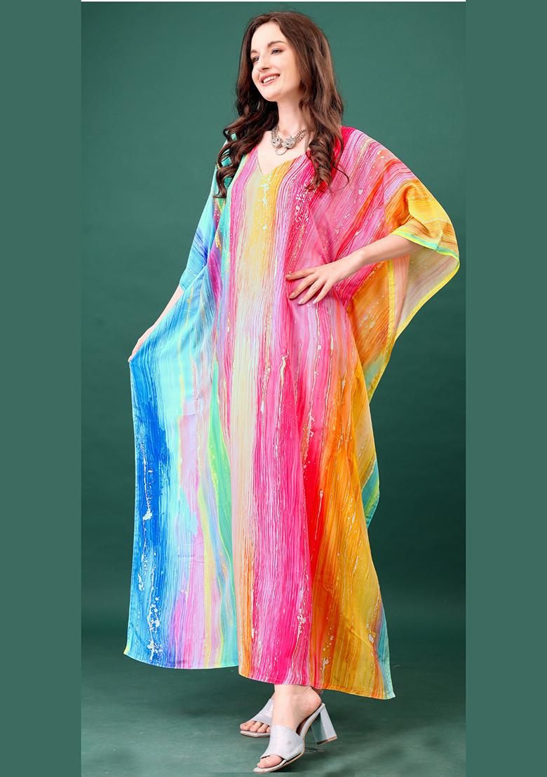 Multicolor Printed Silk Kaftan - Indya