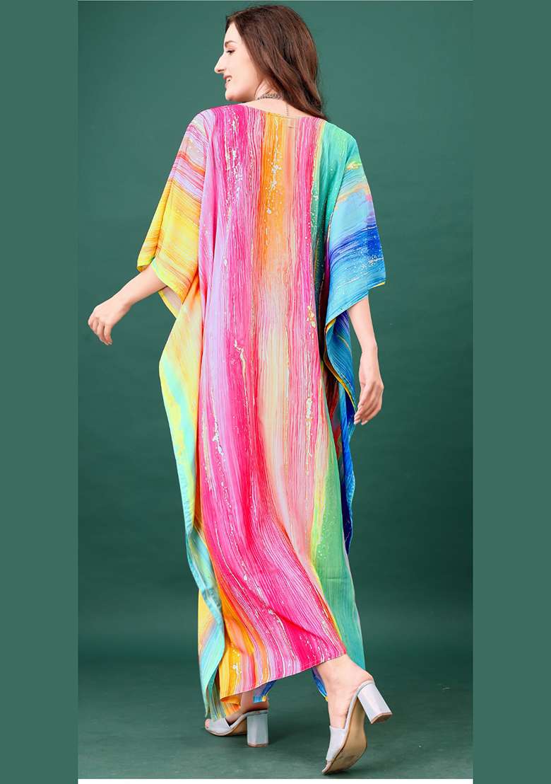 Multicolor Tie And Dye Silk Blend Kaftan - Indya