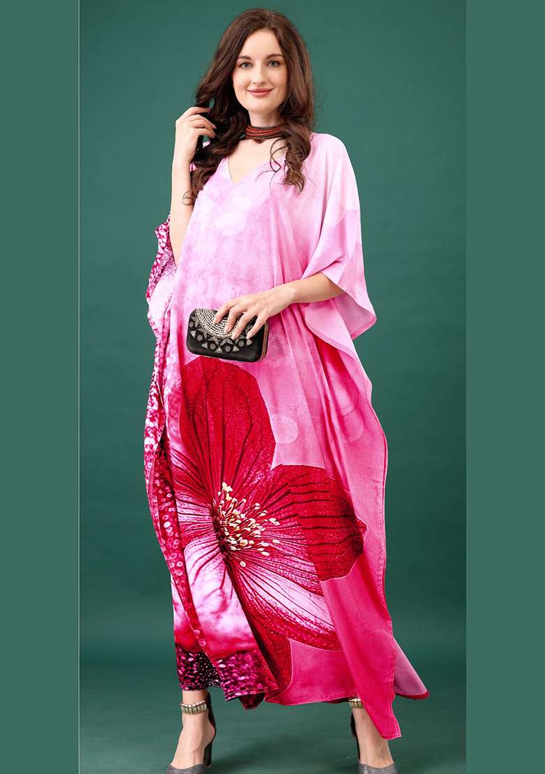 Multicolor Floral Print Silk Blend Kaftan - Indya