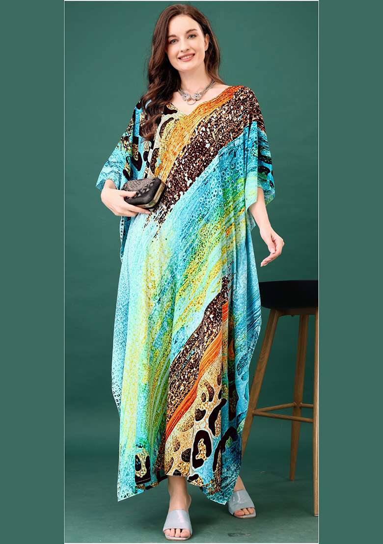Multicolor Printed Silk Blend Kaftan - Indya